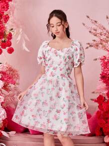 Teenagers (Girls) Organza Floral Print Dress - Multicolor - View 3