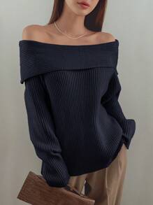 DAZY Off Shoulder Tay áo dài Áo len - Xanh đậm - Xem 1
