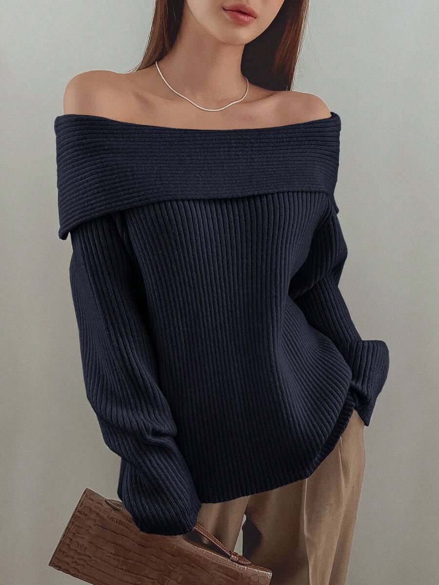 DAZY Off Shoulder Tay áo dài Áo len - Xanh đậm - Xem 1