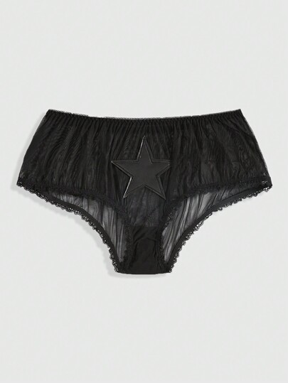 Grunge Punk Women Plain Color Star Patch Contrast Lace Mesh Briefs