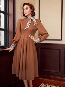 Vintamour Vintage Elegant Women's Plaid Splice Collar Tie Long Sleeve A-Line Dress - Brown - View 1