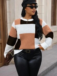 Calvaya 女款大尺碼對比色圓領休閒毛衣 - 彩色 - 查看 1