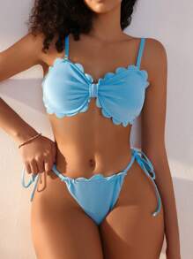SHEIN Swim Ensemble de bikini à nouer sur le côté avec bordure en coquillage pour femmes - Bleu azur - Voir 6