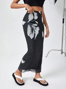 SHEIN Essnce Mesh Print Long Skirt - Black - View 5