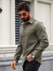 Manfinity Homme 男士纯色素色亚麻休闲长袖翻领衬衫，适合外出，鼠尾草绿色正装衬衫，深绿色男士衬衫，男士绿色衬衫，秋季 - 軍綠色 - 查看 6