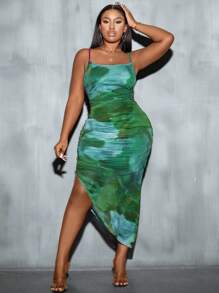 Maweii 大尺碼女款紮染褶襉吊帶連身裙 - 綠色 - 查看 4