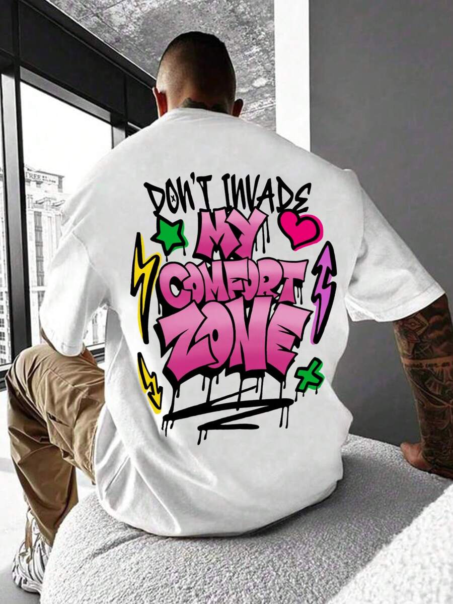 Manfinity LEGND Men Slogan Print Short Sleeve Colorful Graffiti Casual T-Shirt, Boyfriend Gift - White - View 1