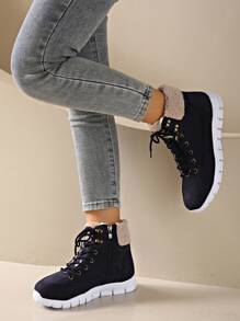 Women's Fashion Boots, Warm Anti-Slip Rivet Boots, Lace-Up Flat Boots, Winter Snow Boots - Blue - View 4