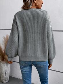 SHEIN LUNE Women's Loose Fit V-Neck Drop Shoulder Knit Sweater - Grey - View 2