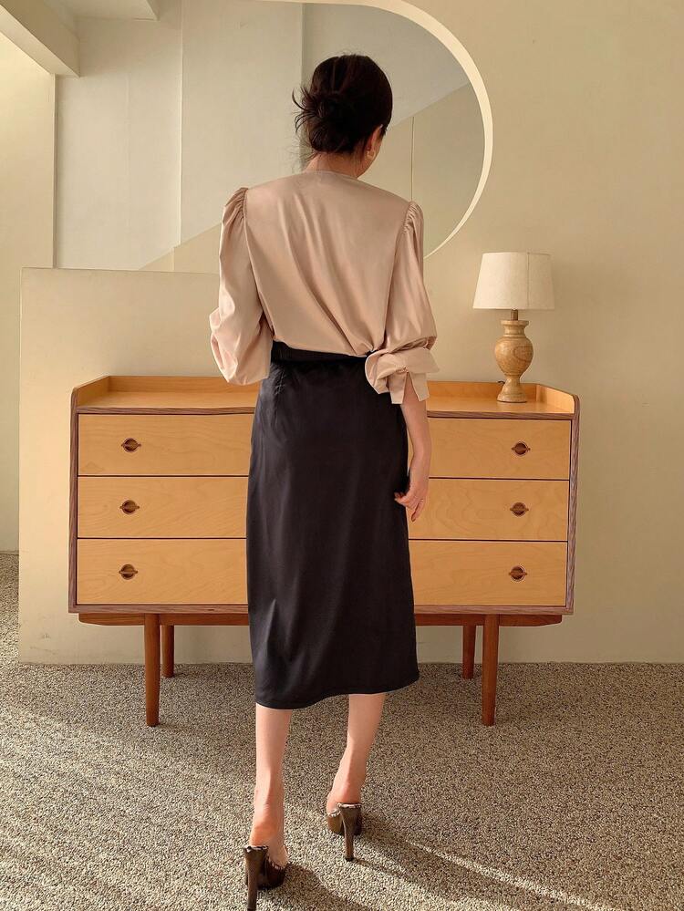 2pcs Set Chinese Style Satin Color Block Mandarin Collar Long Sleeve Women Outfit