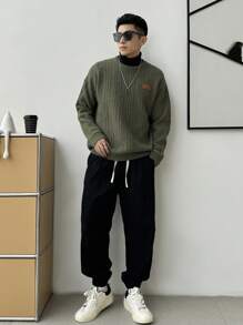 DAZY Men's Letter Patch Drop Shoulder Sweater Fall,Winter - Army Green - View 6