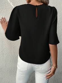 EMERY ROSE Solid Round Neck Medium Sleeve Shirt - Black - View 2