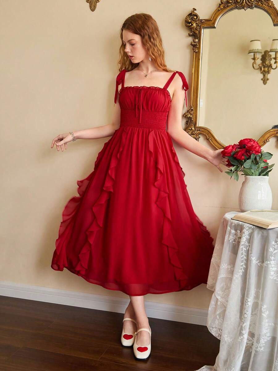 SHEIN MOD Tied Shoulder Ruffle Trimmed Red Cami Dress - Red - View 1