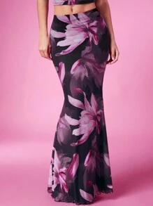 SHEIN BAE 女款花卉印花百褶裙 - 黑色 - 查看 4