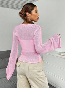 SHEIN Unity 性感喇叭袖毛衣,百搭風格 - 粉色 - 查看 2