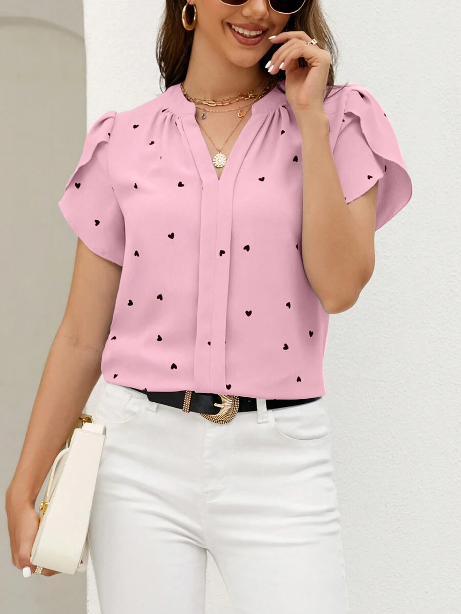 SHEIN Clasi 女士愛心印花花瓣袖式上衣,配削角領