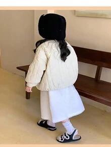 年轻女孩纯色单排扣棉衣 - 米色 - 查看 2