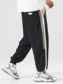 男士加大尺寸寬鬆修身對比側縫休閒運動褲 - 黑色 - 查看 7