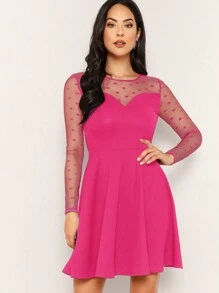 SHEIN Privé Women's Contrast Mesh Long-Sleeved Waist Dress - Hot Pink - View 4