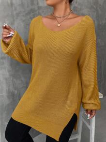 SHEIN LUNE Plus Size Solid Color Drop Shoulder Sweater - Yellow - View 5