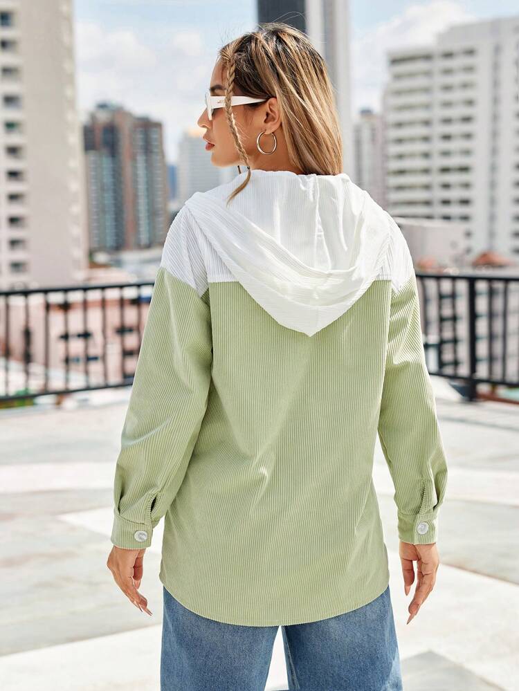 Color Block Hooded Corduroy Jacket Fall Cloth For Women