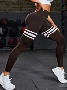 Easithlete 女性條紋運動縫合無縫高腰緊身褲 - 彩色 - 查看 4
