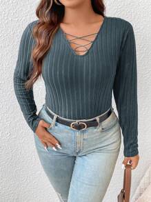 SHEIN Frenchy Plus Size Women'S Solid Color Ribbed Long Sleeve T-Shirt With Tie Detail - Dusty Blue - View 3