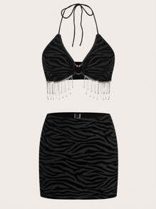 SHEIN ICON 女用水鑽流蘇細節無袖掛脖背心和裙子套裝 - 黑色 - 查看 3