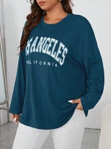 SHEIN Essnce 加大號女士字母圓領t恤 - 水鴨藍 - 查看 3