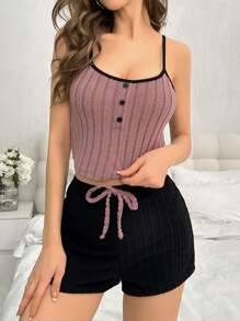 SHEIN Women's Contrast Binding Button Detail Cami Top And Shorts Set For Home, Lounge Outfit - Dusty Pink - View 3