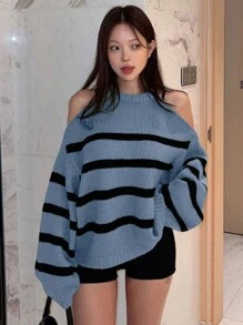 DAZY Ladies' Contrasting Striped Cold The Shoulder Sweater - Blue - View 1