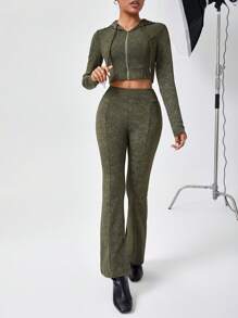 SHEIN Essnce Set Da Donna Con Top E Pantaloni Con Cappuccio E Cerniera Frontale - Verde militare - Visualizzare 1
