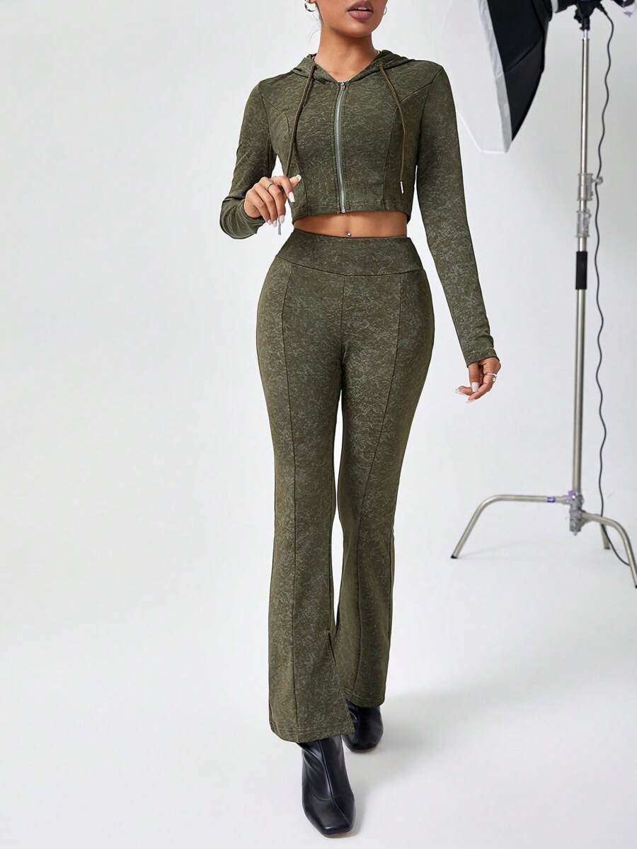SHEIN Essnce Set Da Donna Con Top E Pantaloni Con Cappuccio E Cerniera Frontale - Verde militare - Visualizzare 1