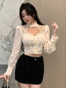 DAZY Áo cánh khoét cổ đứng ren chắp vá cho nữ, tay dài - Màu be - Xem 3