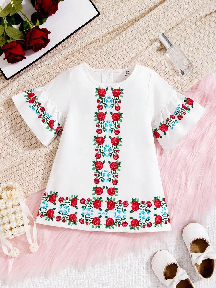 Baby Girls' Bohemian Style Mid-Sleeve Straight Dress With Rose Pattern Print