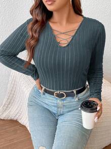 SHEIN Frenchy Plus Size Women'S Solid Color Ribbed Long Sleeve T-Shirt With Tie Detail - Dusty Blue - View 4