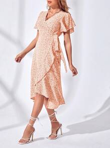 SHEIN VCAY Vestido Cruzado Anudado Con Mangas Con Volantes Y Estampado Floral - Amarillo - Ver 4
