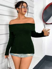 Flirla Plus Size Off-Shoulder Sweater With Side Split Design Knit Pullover Fall Winter - Green - View 3