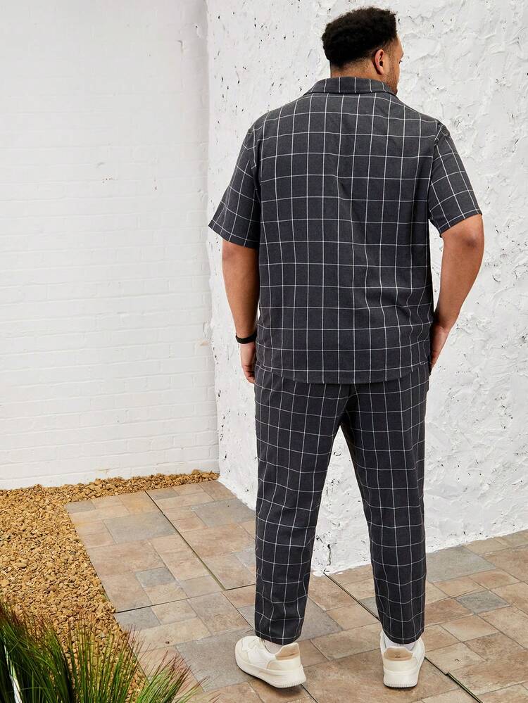 Men's Plus Size Checked Casual Two Piece Set