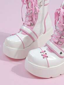 ROMWE Kawaii 2024女裝新款春秋款圓頭可愛粉紅心型細部龐克粗跟厚底時尚踝靴