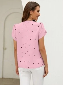 SHEIN Clasi 女士愛心印花花瓣袖式上衣,配削角領