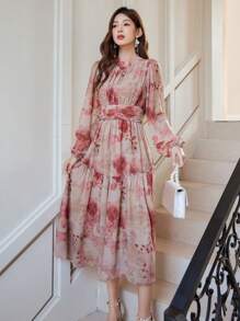 DAZY Đầm nữ in hoa, đầm hoa xếp nếp, đầm tay dài mùa thu, đầm lễ Phục sinh - Hồng - Xem 7