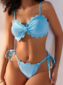 SHEIN Swim Ensemble de bikini à nouer sur le côté avec bordure en coquillage pour femmes - Bleu azur - Voir 4
