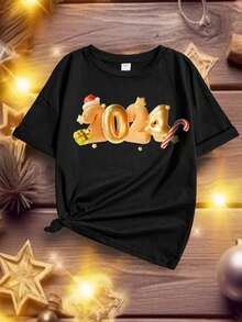 適合夏季的青少女休閒2024印花短袖t恤 - 黑色 - 查看 1