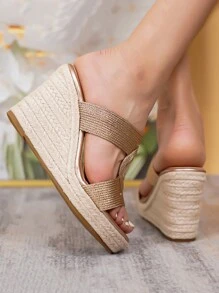 Women Metallic Espadrille Wedge Slide Sandals, Vacation Summer Sandals - Champagne - View 2