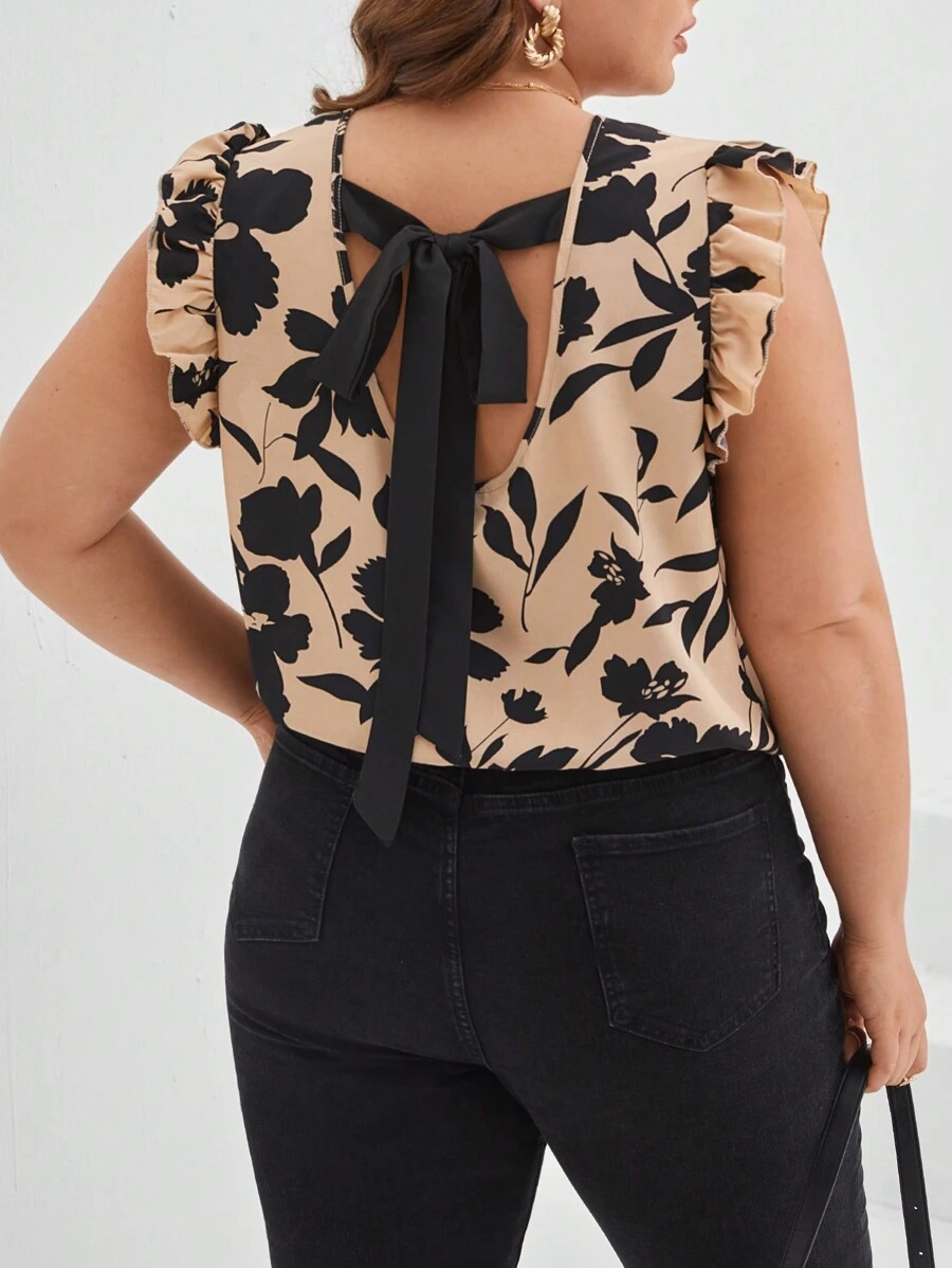 SHEIN Frenchy Áo cánh tay lửng họa tiết cây Boho cỡ lớn cho nữ, dành cho mùa hè - Màu Khaki - Xem 1