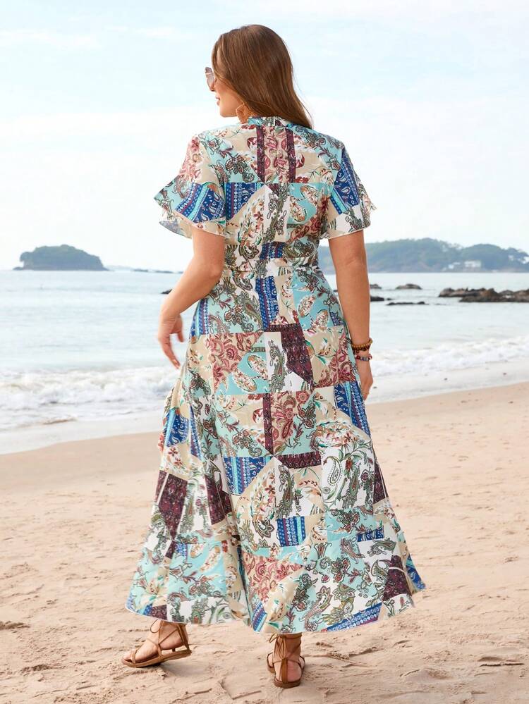 Plus Size Full Printed Wrap Dress With Ruffle Hem For Vacation