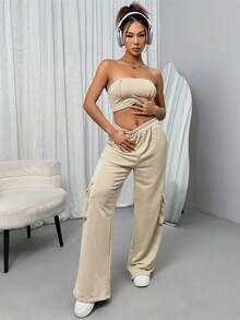 SHEIN Unity Conjunto De Dos Piezas: Top Sin Tirantes Y Pantalones Procesados ​​de Color Sólido - Caqui - Ver 4