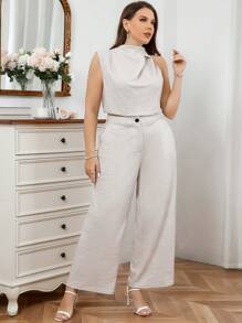 SHEIN Privé Plus-Size Stand-Collar Tank Top And Wide-Leg Pants Two-Piece Set - Apricot - View 4