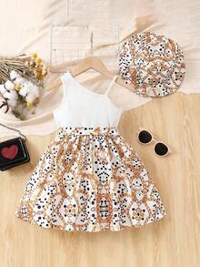 SHEIN 小女孩鏈條肩帶單肩印花連衣裙 - 白色 - 查看 2